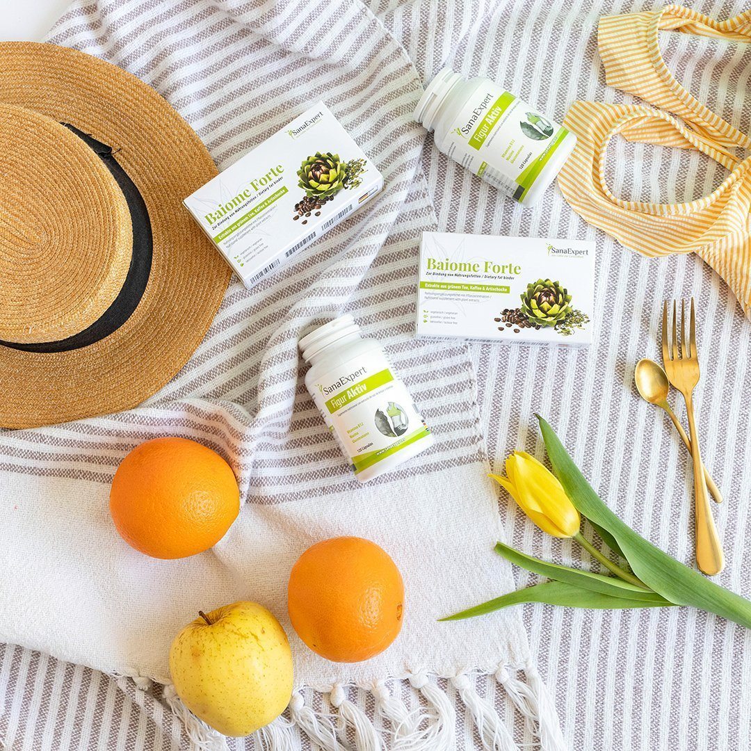 Sana Expert Pack My Body Lines Figur Aktiv Baiome Forte con capello di paglia, tulipani e frutta