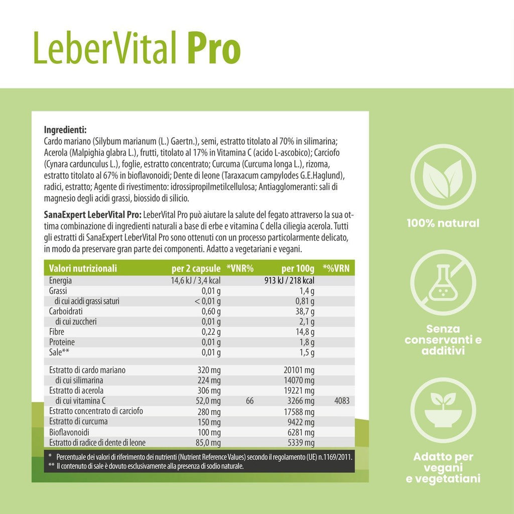 Pack 2 SanaExpert LeberVital Pro etichetta retro ingredienti e tabella nutrizionale