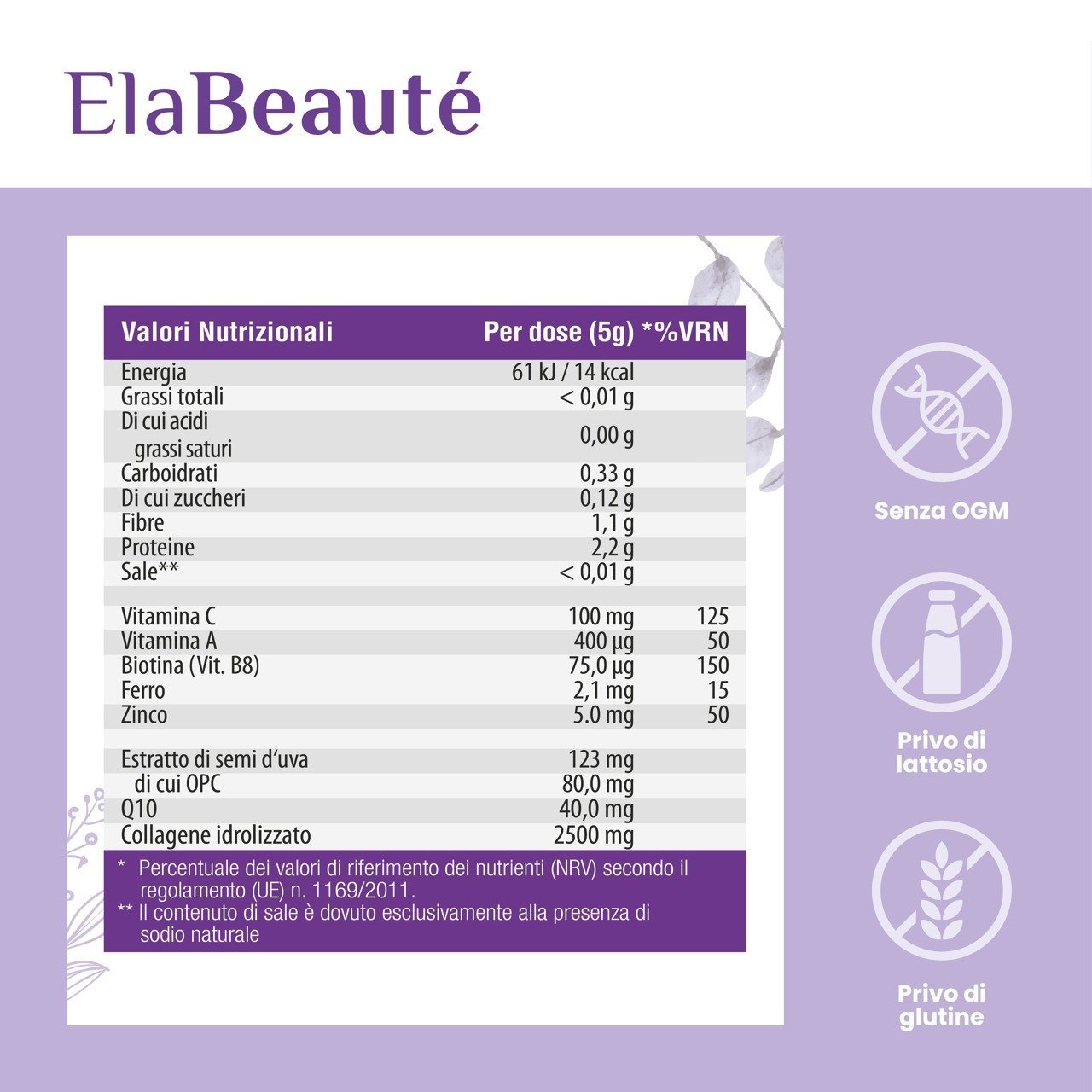 Sana Expert Pack Venus tabella nutrizionale ElaBeauté